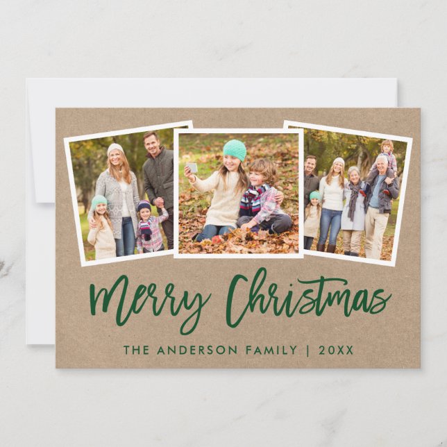 Brush Script 3 Photo Family Christmas Kraft Holiday Card (Front)