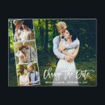 Brush Script 4 Photo Change The Date New Date Postcard<br><div class="desc">Modern Brush Script Change The Date Wedding Postponed New Wedding Date Couple 4 Photo Collage Postcard</div>