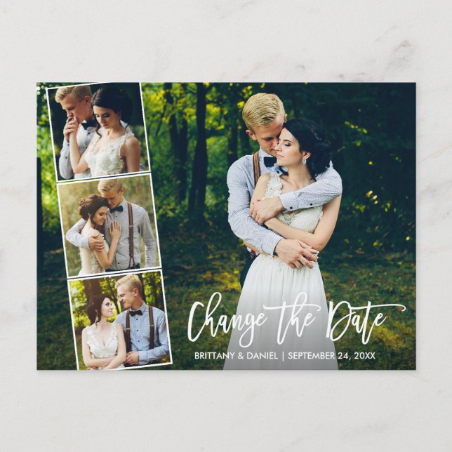 Brush Script 4 Photo Change The Date New Date Postcard (Front)