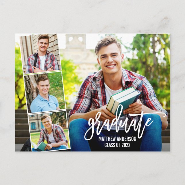 Brush Script 4 Photo Graduation Announcement Postcard (Front)
