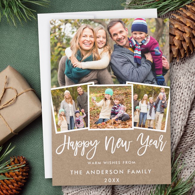 Brush Script 4 Photo New Year Kraft Holiday Card (Customize to add text to back of card.)