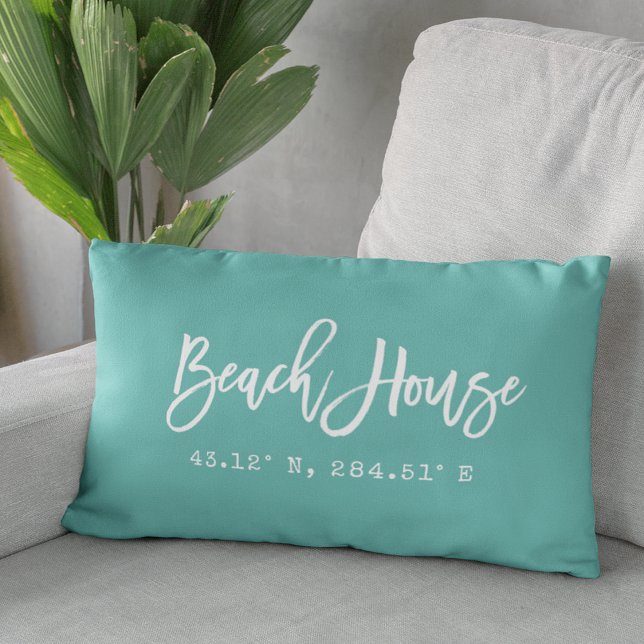 Brush Script Beach House Your Coordinates Lumbar Cushion (Customize to add more text or change background color of front and back.)