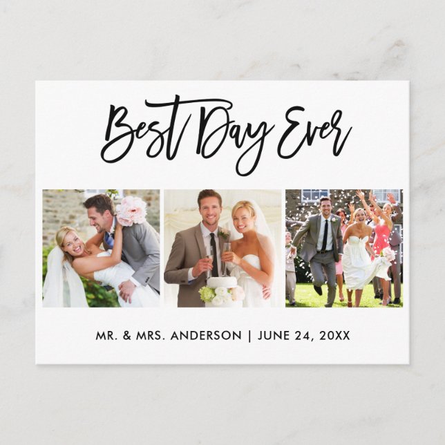 Brush Script Best Day Ever Wedding 3 Photo Postcard (Front)