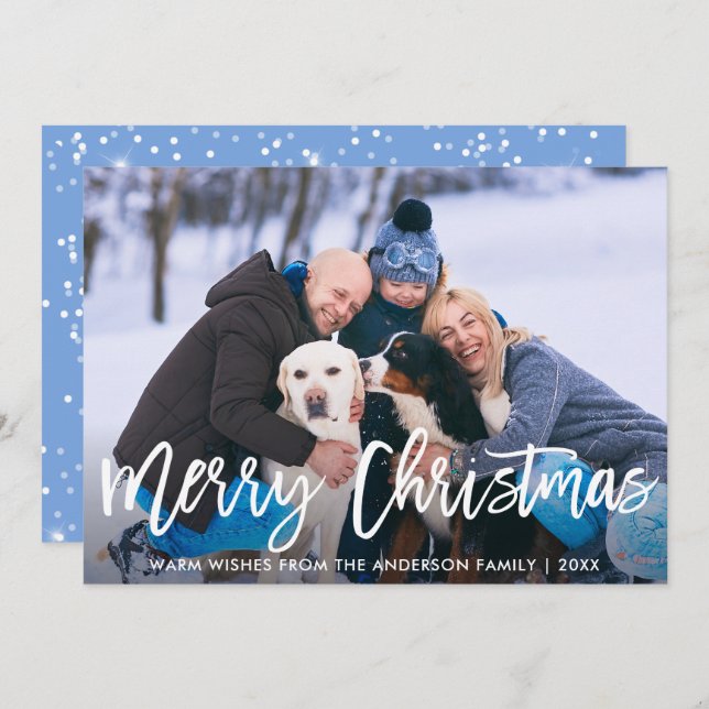 Brush Script Blue Merry Christmas Family Card (Front/Back)