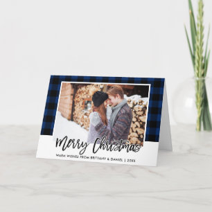 Brush Script Blue Plaid Couple Photo Christmas Holiday Card