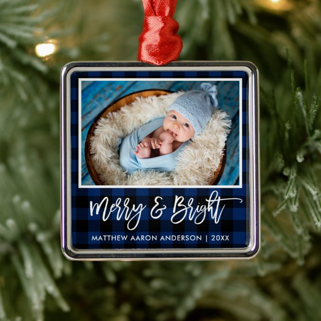 Brush Script Blue Plaid Merry and Bright Baby Metal Ornament (Tree)