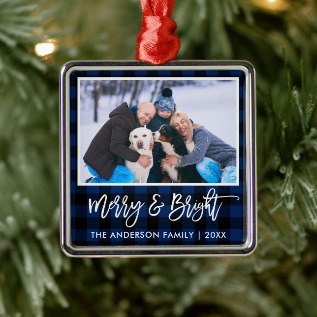 Brush Script Blue Plaid Merry and Bright Family Metal Ornament (Tree)