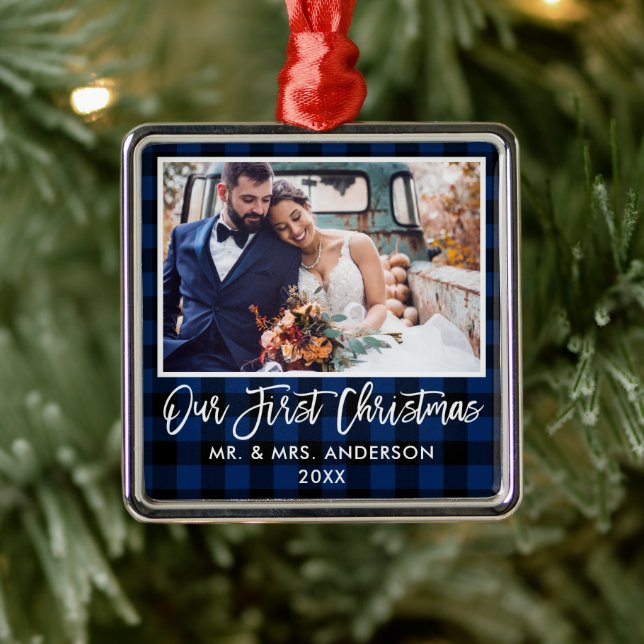 Brush Script Blue Plaid Wedding First Christmas Metal Ornament (Tree)