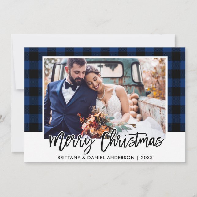 Brush Script Blue Plaid Wedding Photo Christmas Holiday Card (Front)