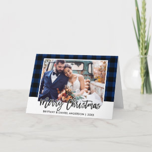 Brush Script Blue Plaid Wedding Photo Christmas Holiday Card