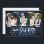 Brush Script Blue Wood 3 Photo Save Our Date Card<br><div class="desc">Modern Brush Script Rustic Blue Wood Couple 3 Photo Save Our Date Engagement Announcement Card</div>