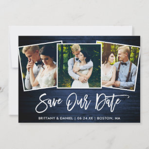 Brush Script Blue Wood 3 Photo Save Our Date Card