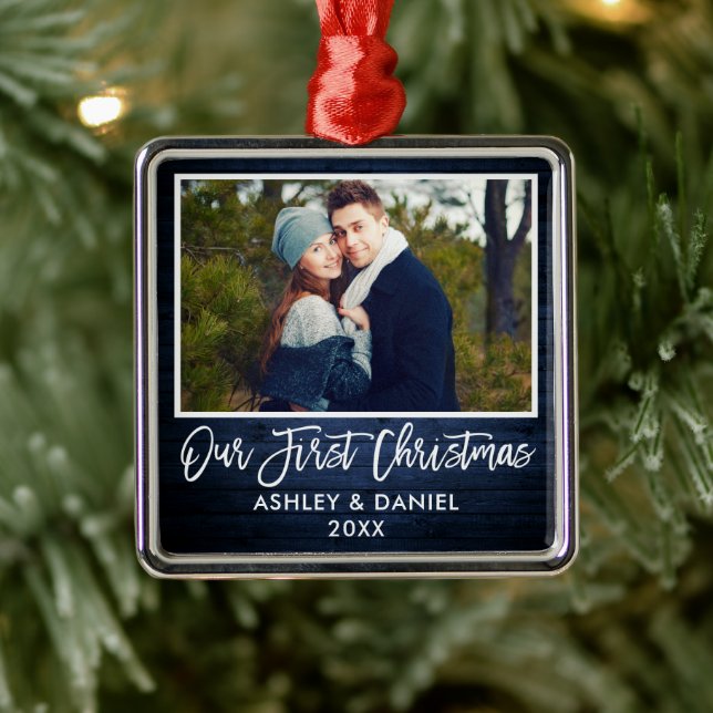 Brush Script Blue Wood Couple Our First Christmas Metal Ornament (Tree)