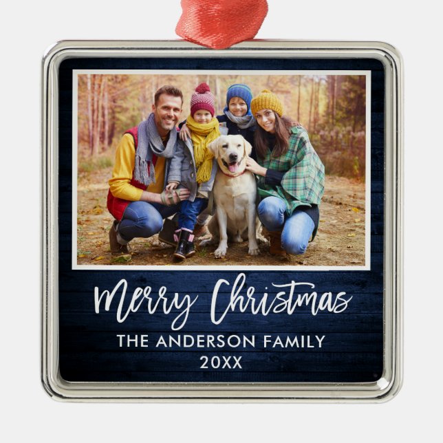 Brush Script Blue Wood Family Merry Christmas Metal Ornament (Front)