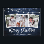 Brush Script Blue Wood Lights 3 Photo Christmas Postcard<br><div class="desc">Rustic Blue Wood Brush Script 3 Photo Merry Christmas Card with String Lights</div>