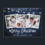 Brush Script Blue Wood Lights 3 Photo Christmas Postcard<br><div class="desc">Rustic Blue Wood Brush Script 3 Photo Merry Christmas Card with String Lights</div>