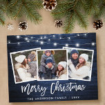 Brush Script Blue Wood Lights 3 Photo Christmas Postcard<br><div class="desc">Rustic Blue Wood Brush Script 3 Photo Family Merry Christmas Card with String Lights</div>