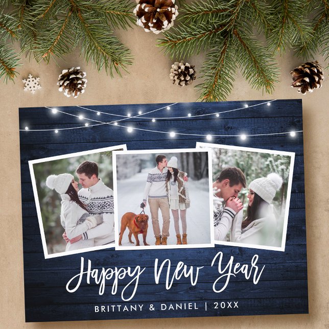 Brush Script Blue Wood Lights 3 Photo New Year Postcard (Customize to change your personalized text size or text style.)