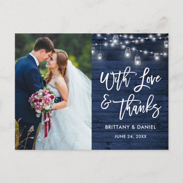 Brush Script Blue Wood Lights Love Thanks Wedding Postcard (Front)