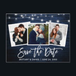 Brush Script Blue Wood Lights Photo Save The Date Postcard<br><div class="desc">Modern Brush Script,  Rustic Blue Wood and String Lights,  Save The Date Engagement Couple 3 Photo Postcard</div>
