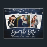 Brush Script Blue Wood Lights Photo Save The Date Postcard<br><div class="desc">Modern Brush Script,  Rustic Blue Wood and String Lights,  Save The Date Engagement Couple 3 Photo Postcard</div>