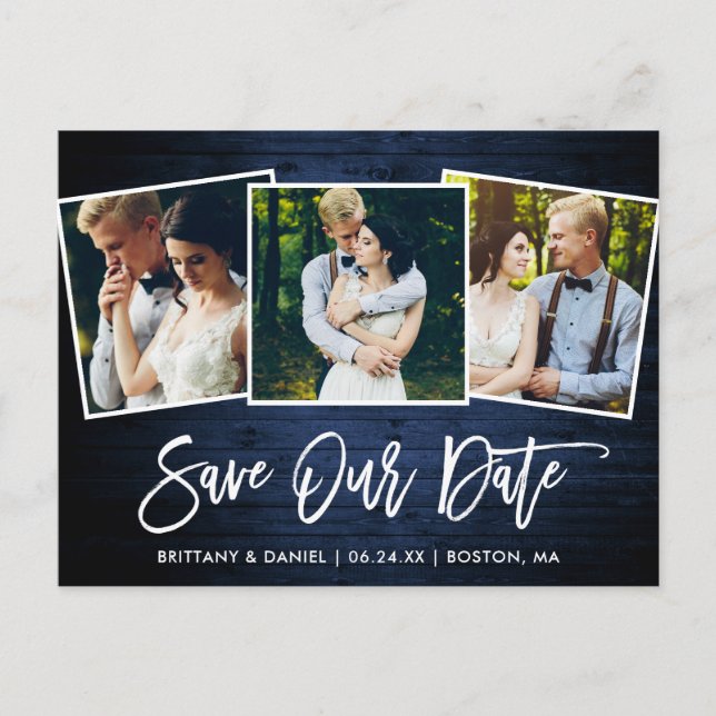 Brush Script Blue Wood Save Our Date 3 Photo Postcard (Front)