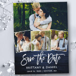 Brush Script Blue Wood Save The Date 4 Photo Postcard<br><div class="desc">Modern Brush Script Rustic Blue Wood 4 Photo Save The Date Postcard</div>