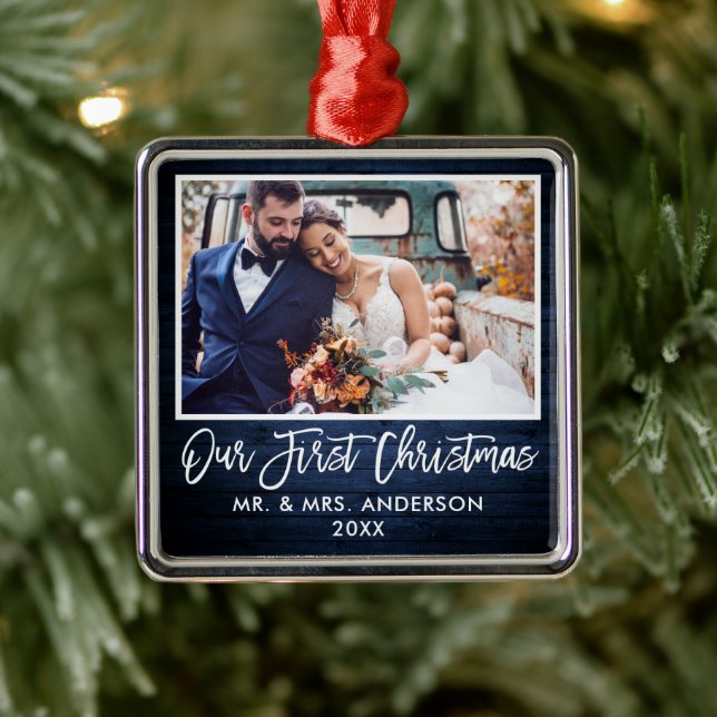 Brush Script Blue Wood Wedding Our First Christmas Metal Ornament (Tree)