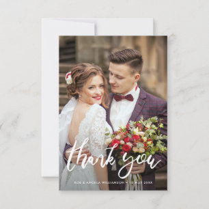 Brush script bride & groom photo overlay wedding thank you card