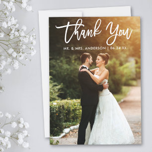 Brush Script Bride Groom Wedding Photo Thank You Card