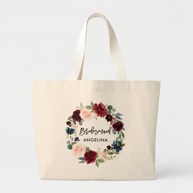 Brush Script Bridesmaid Burgundy Blue Floral Large Tote Bag (Front)