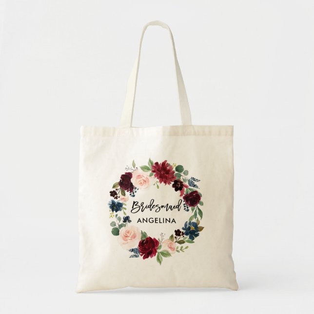 Brush Script Bridesmaid Burgundy Blue Floral Tote Bag (Front)