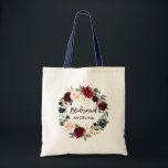 Brush Script Bridesmaid Burgundy Floral Blue Tote Bag<br><div class="desc">Modern Trendy Brush Script Watercolor Burgundy Marsala Blue Floral Bridesmaid Tote Bag</div>