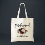 Brush Script Burgundy Blue Floral Bridesmaid Tote Bag<br><div class="desc">Modern Trendy Brush Script Watercolor Burgundy Marsala Blue Floral Bridesmaid Tote Bag</div>