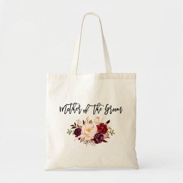 Brush Script Burgundy Floral Mother of The Groom Tote Bag (Front)