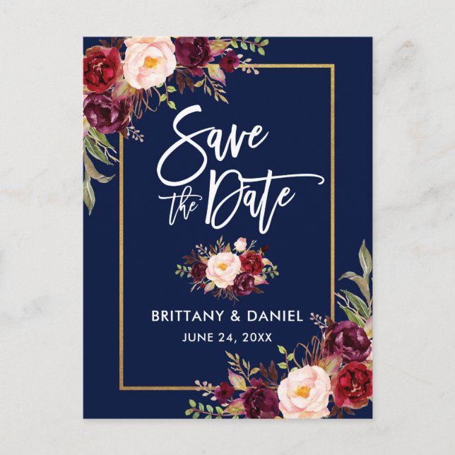 Brush Script Burgundy Floral Save the Date Announcement Postcard (Front)