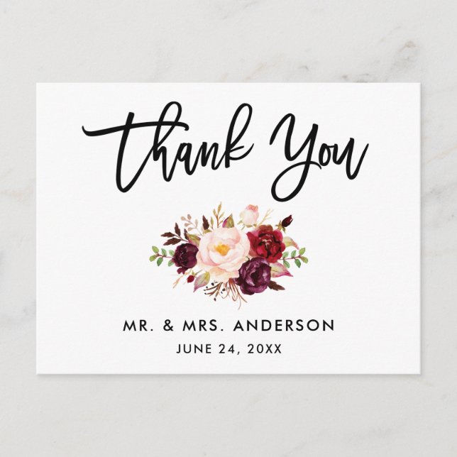 Brush Script Burgundy Wedding Floral Thank You Postcard (Front)