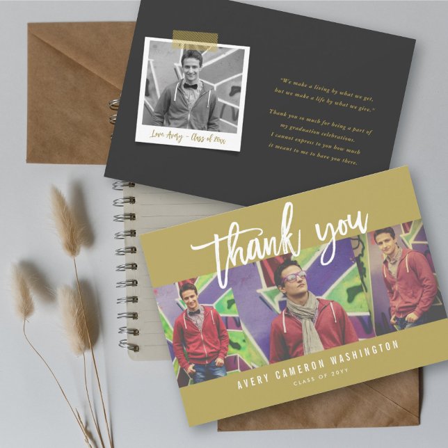 Brush Script Calligraphy 3 Photo Modern Graduation Thank You Card (Brushed Script Calligraphy 3 Photo Modern Graduation Thank You Card @ zazzle.com/color_therapy)
