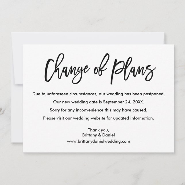 Brush Script Change of Plans New Wedding Date Card (Front)