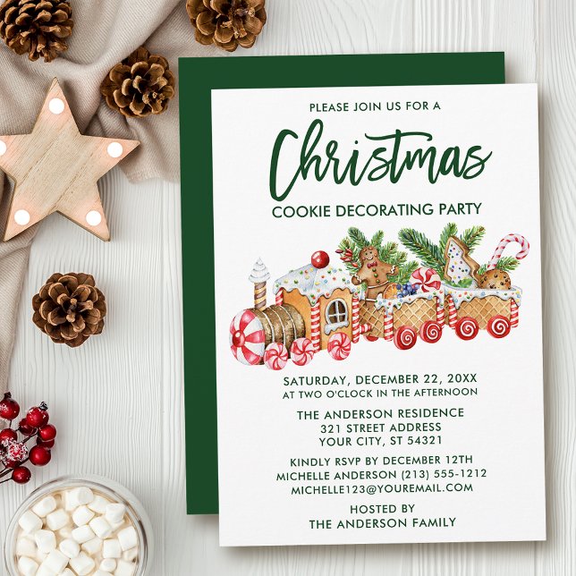 Brush Script Christmas Cookie Decorating Party Invitation (Customize to change your personalized text size, style, color or to change color of back of card.)