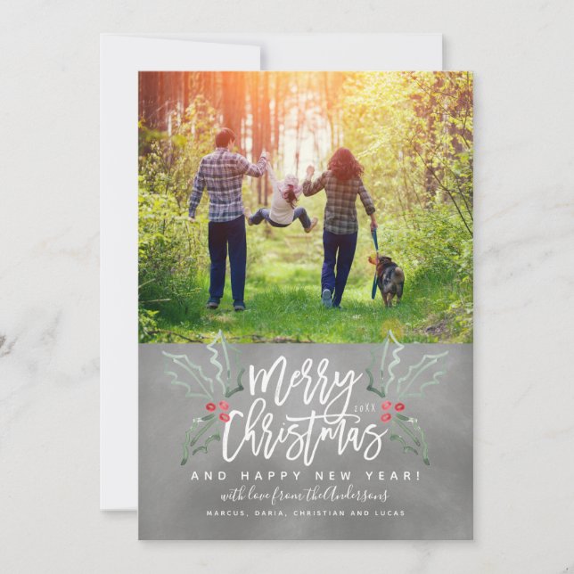 Brush Script Christmas Hollies Photo Chalkboard Holiday Card (Front)