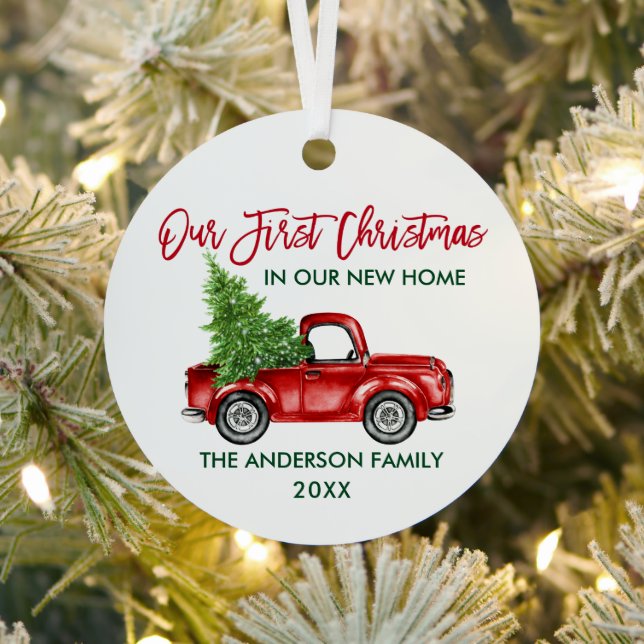 Brush Script Christmas New Home Truck Round Metal Tree Decoration (Insitu)
