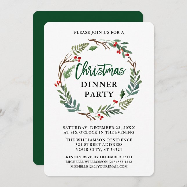 Brush Script Christmas Party Watercolor Wreath Invitation (Front/Back)