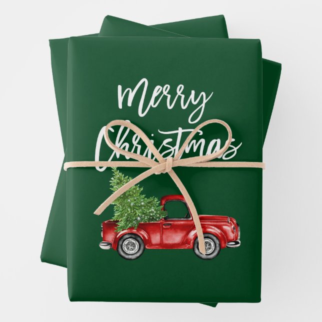 Brush Script Christmas Red Truck Green Wrapping Paper Sheet (In situ)