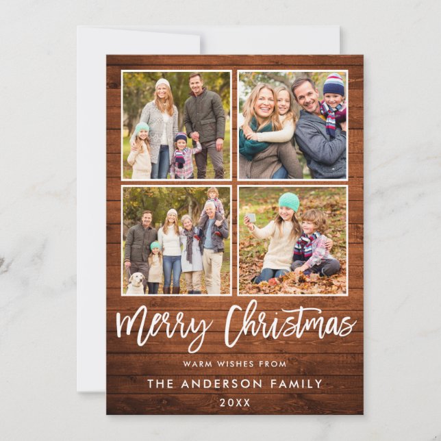 Brush Script Christmas Rustic Wood 4 Photo Holiday Card (Front)