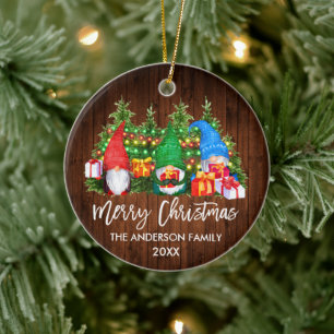Brush Script Christmas Wood Lights Gnomes Ceramic Ornament