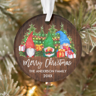 Brush Script Christmas Wood Lights Gnomes Ornament