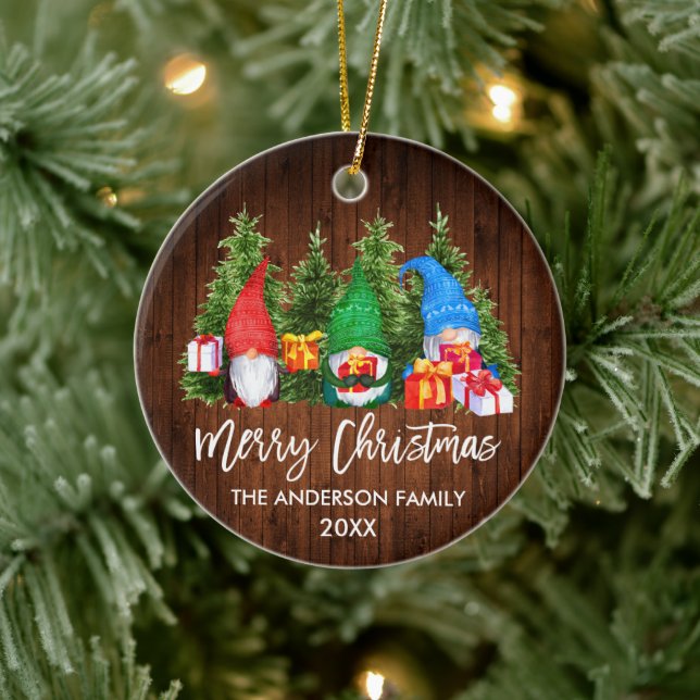 Brush Script Christmas Wood Watercolor Gnomes Ceramic Ornament (Tree)