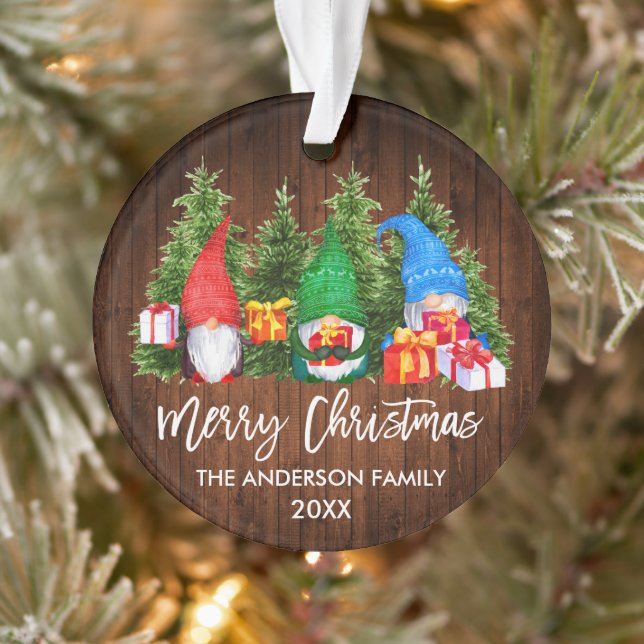 Brush Script Christmas Wood Watercolor Gnomes Ornament (Tree)