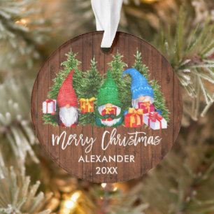 Brush Script Christmas Wood Watercolor Gnomes Ornament